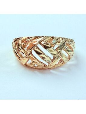 Estate 14K Solid Yellow Gold Diamond Cut Open Lattice Work Dome Ring Vintage